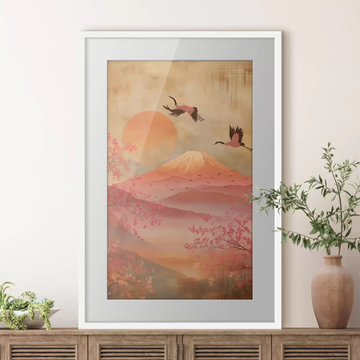 Poster Grúas contra el sol y las montañas: ilustración en estilo de arte digital. f47992