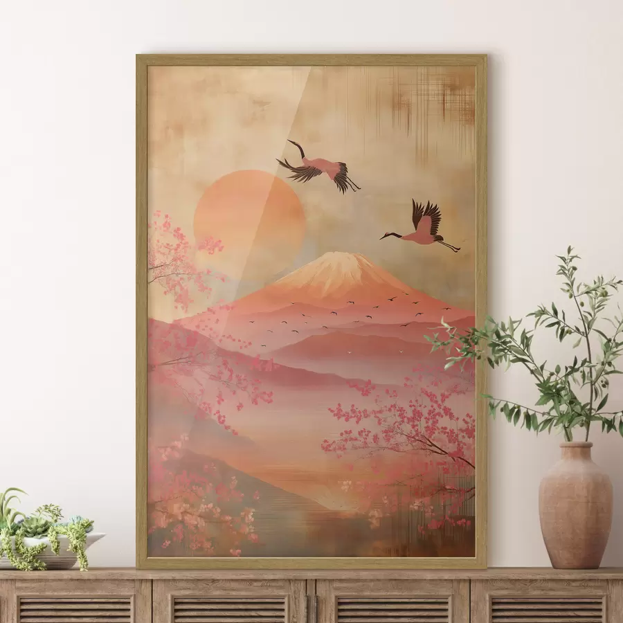 murales de pared Grúas contra el sol y las montañas: ilustración en estilo de arte digital. f47992