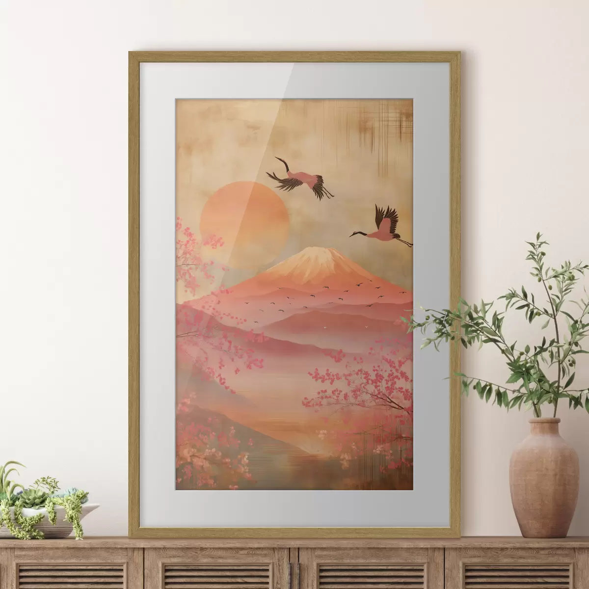 Poster Grúas contra el sol y las montañas: ilustración en estilo de arte digital. f47992