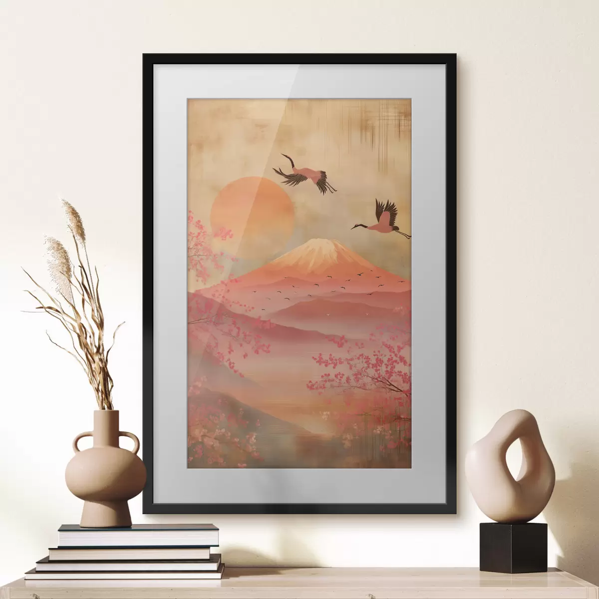 Poster Grúas contra el sol y las montañas: ilustración en estilo de arte digital. f47992