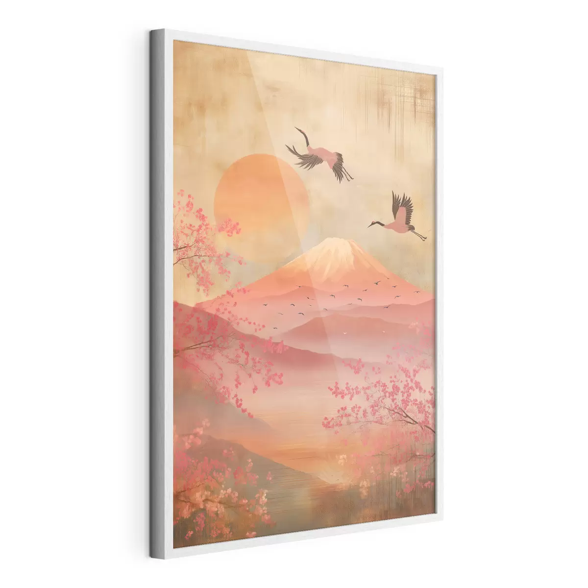 Poster Grúas contra el sol y las montañas: ilustración en estilo de arte digital. f47992