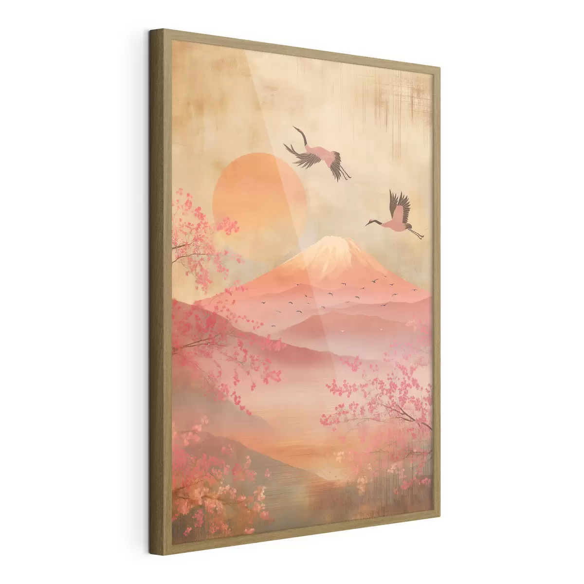 Poster Grúas contra el sol y las montañas: ilustración en estilo de arte digital. f47992