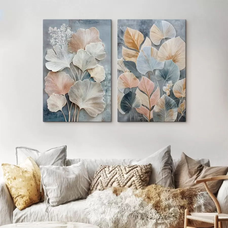 murales de pared Composición abstracta con follaje decorativo en una paleta de colores gris-beige. m30030