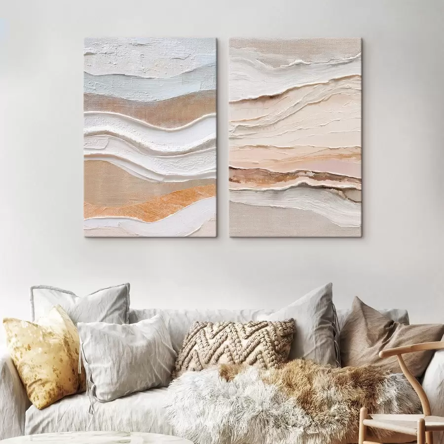 murales de pared Díptico minimalista con ondas texturizadas sobre fondo de lino. m30031