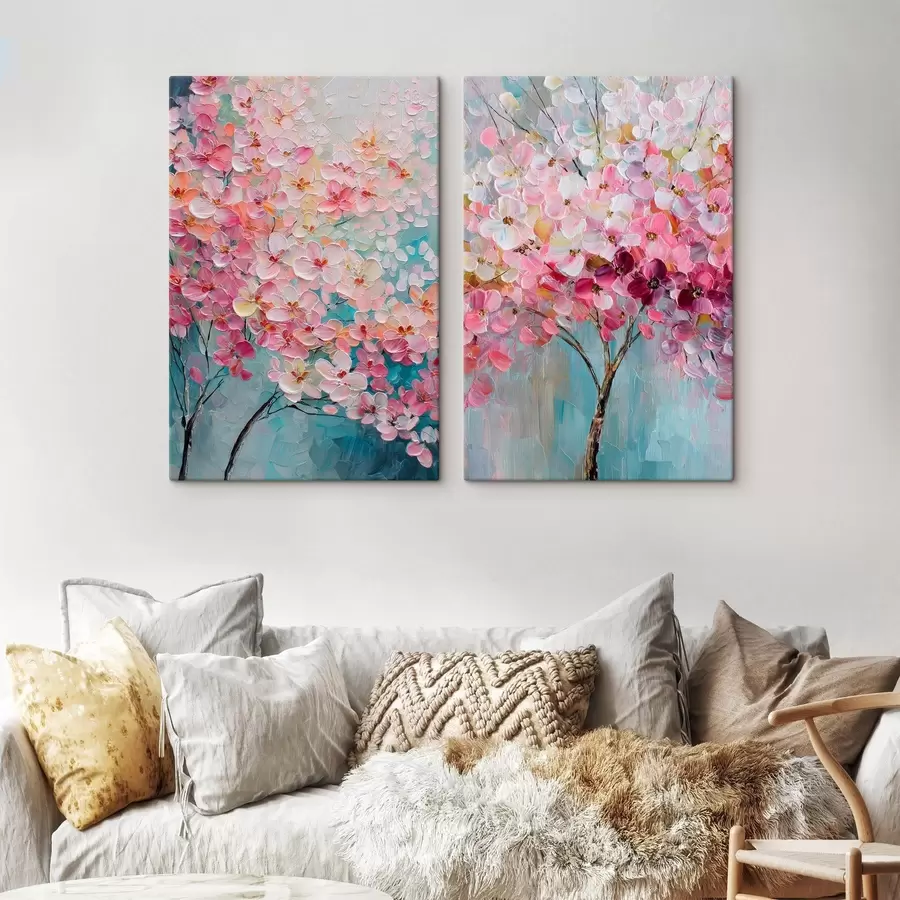 murales de pared Árbol en flor con flores rosas en estilo pintura al óleo m30040