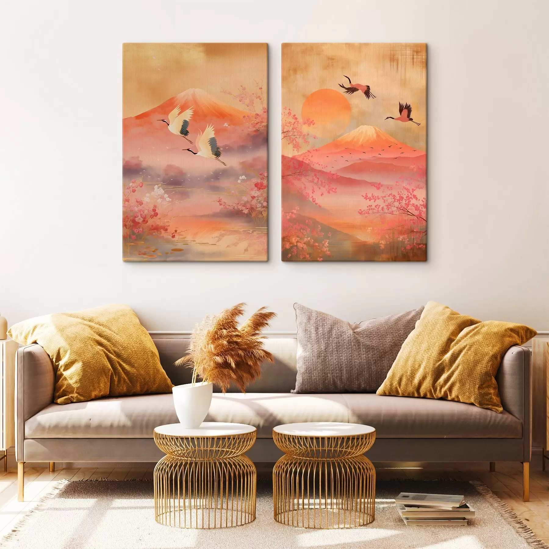 murales de pared Paisaje japonés con grullas y el monte Fuji en un estilo ilustrativo clásico. m30042