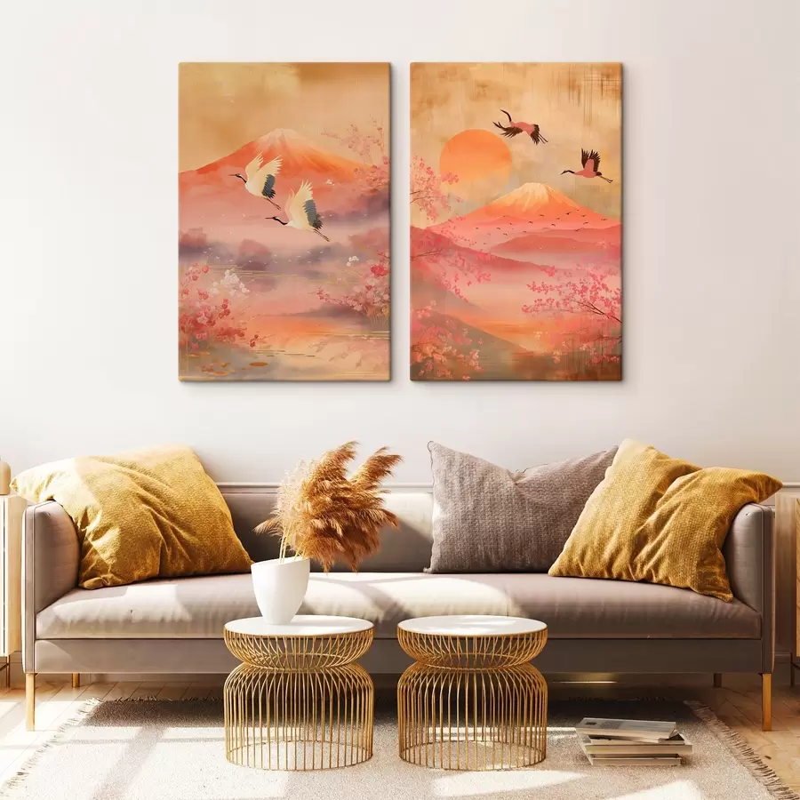murales de pared Paisaje japonés con grullas y el monte Fuji en un estilo ilustrativo clásico. m30042