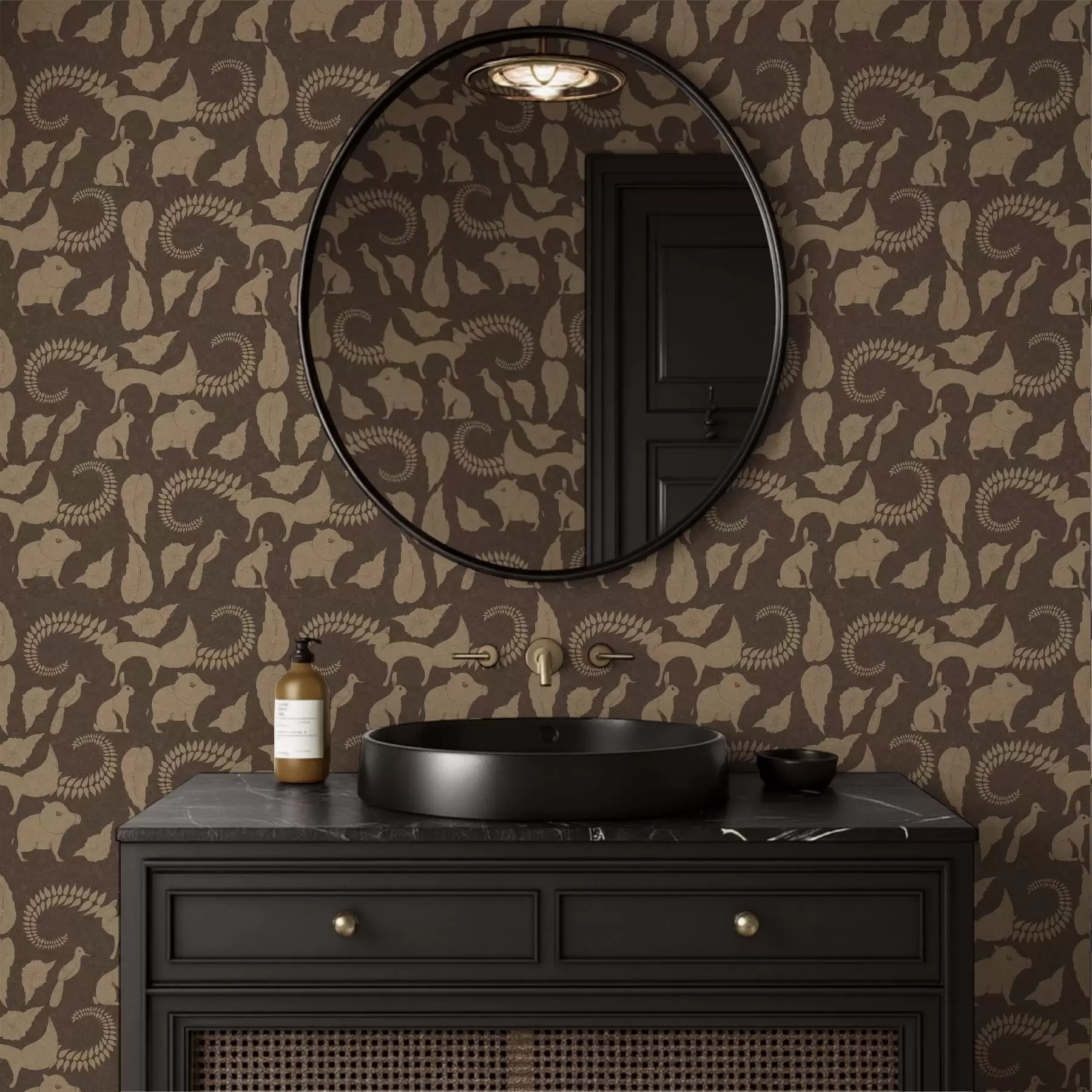 murales de pared Patrón forestal con animales sobre fondo marrón a01121