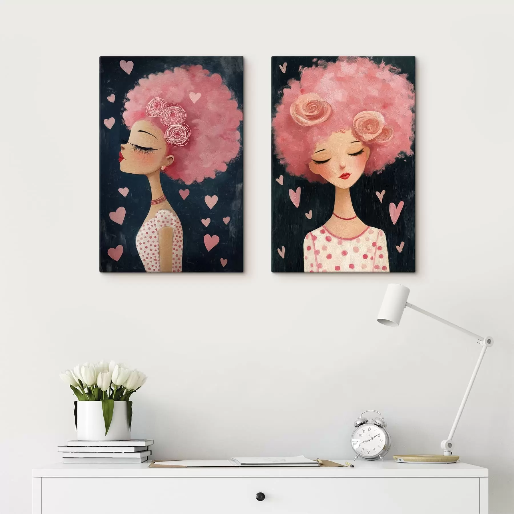 murales de pared Chica con pelo rosa y corazones m30156