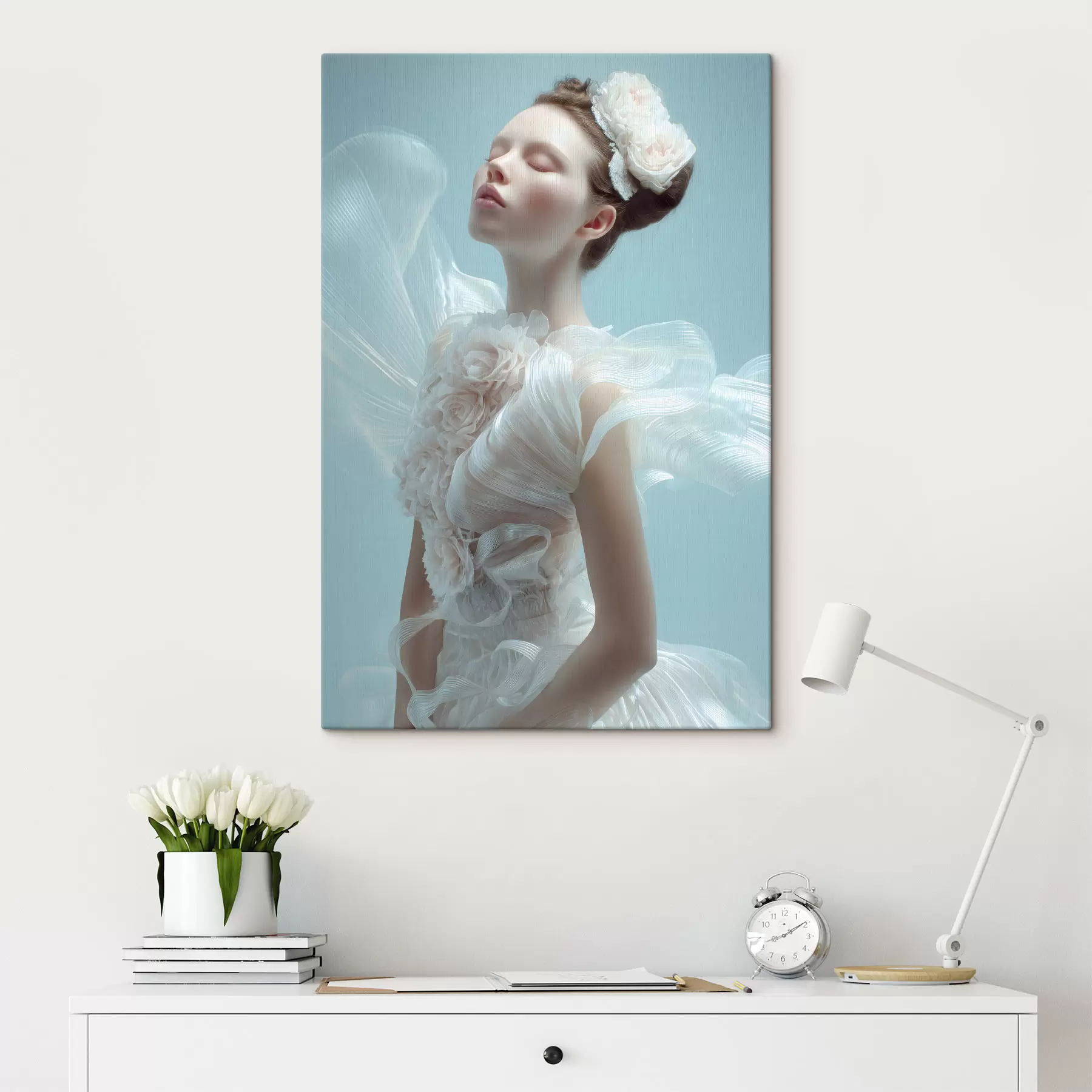 murales de pared una chica delicada con un vestido blanco s48287