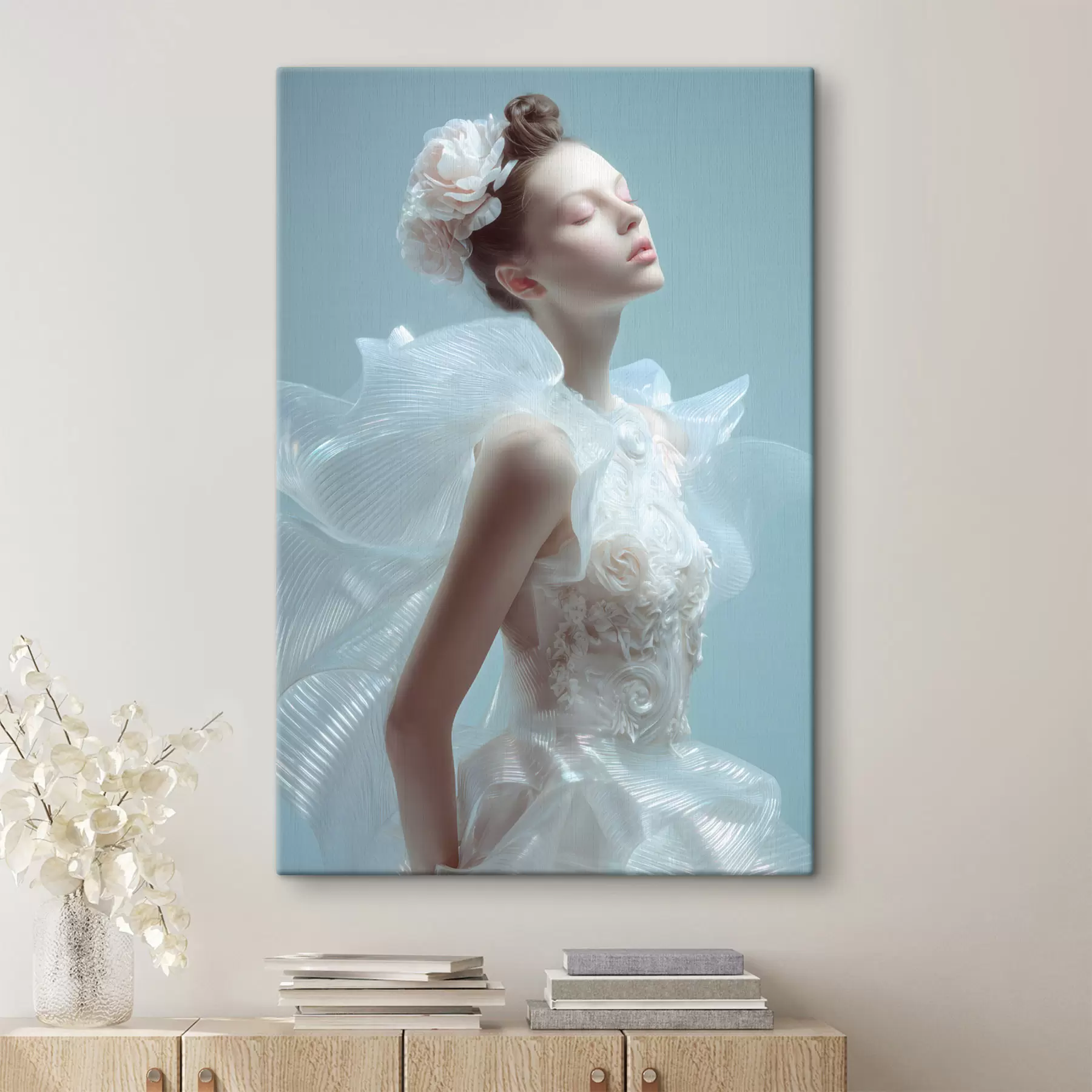 murales de pared una chica delicada con un vestido blanco s48288