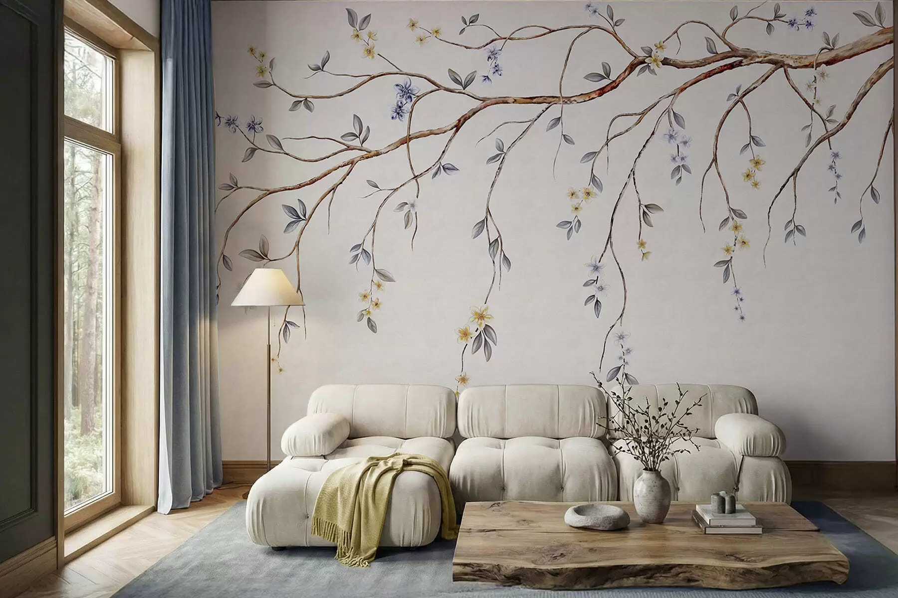 murales de pared Ramas delgadas con pequeñas flores sobre fondo claro. w05145