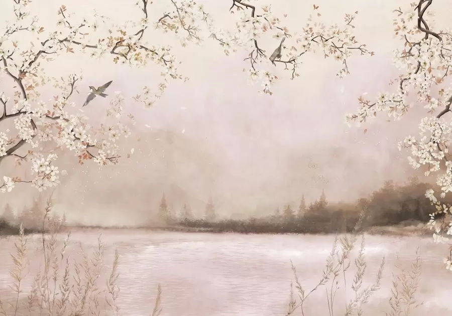 murales de pared Ramas en flor sobre un lago tranquilo con pájaros en la niebla. w05155v1