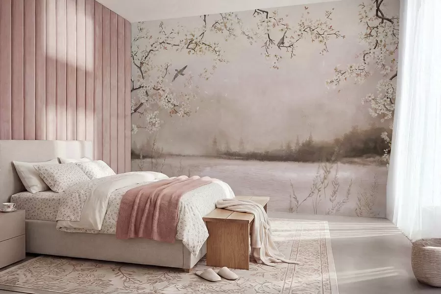 murales de pared Ramas en flor sobre un lago tranquilo con pájaros en la niebla. w05155v1