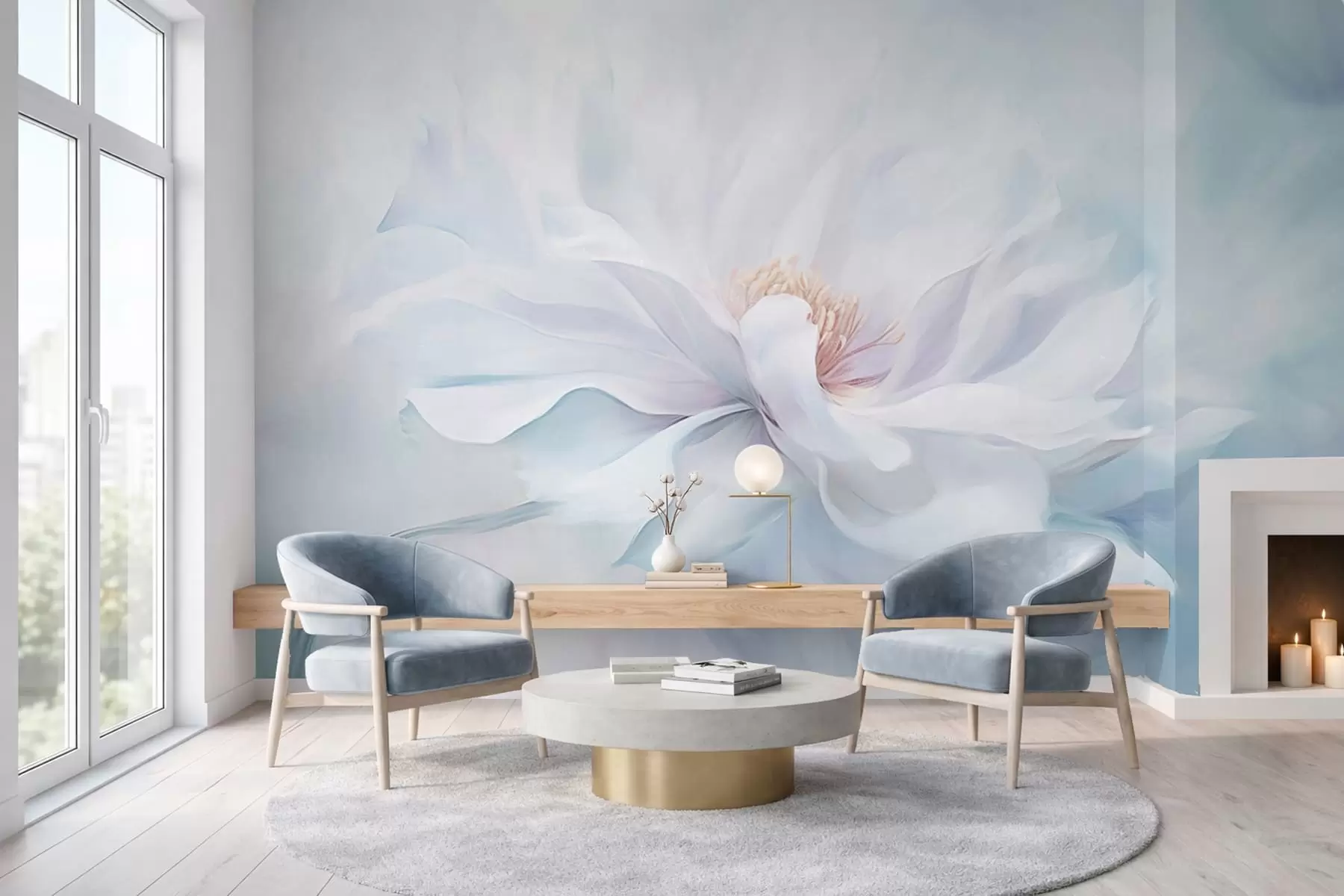 murales de pared Flor blanca suave con pétalos fluidos sobre fondo azul. w05354