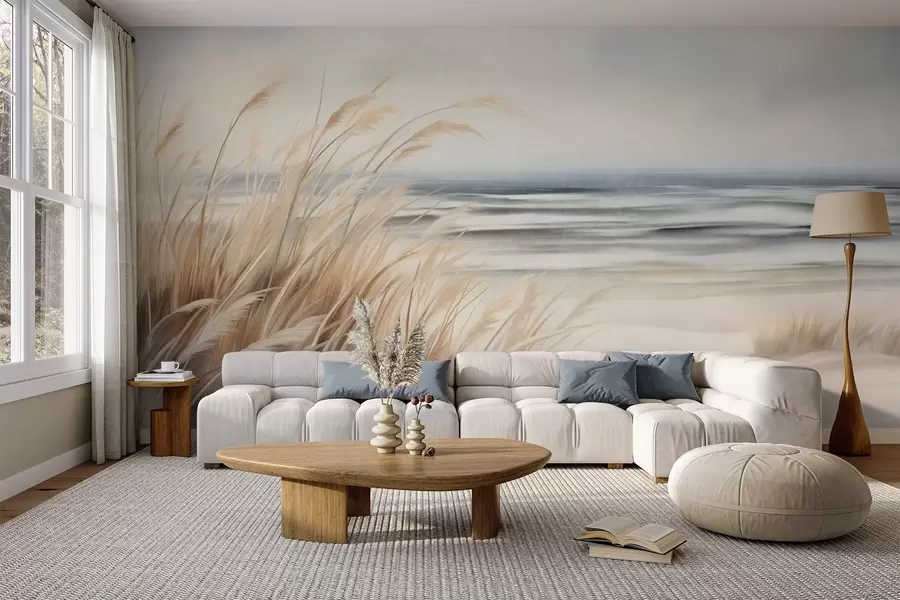murales de pared Paisaje con textura, con hierba seca en una playa de arena, con el océano y el cielo al fondo. w09739