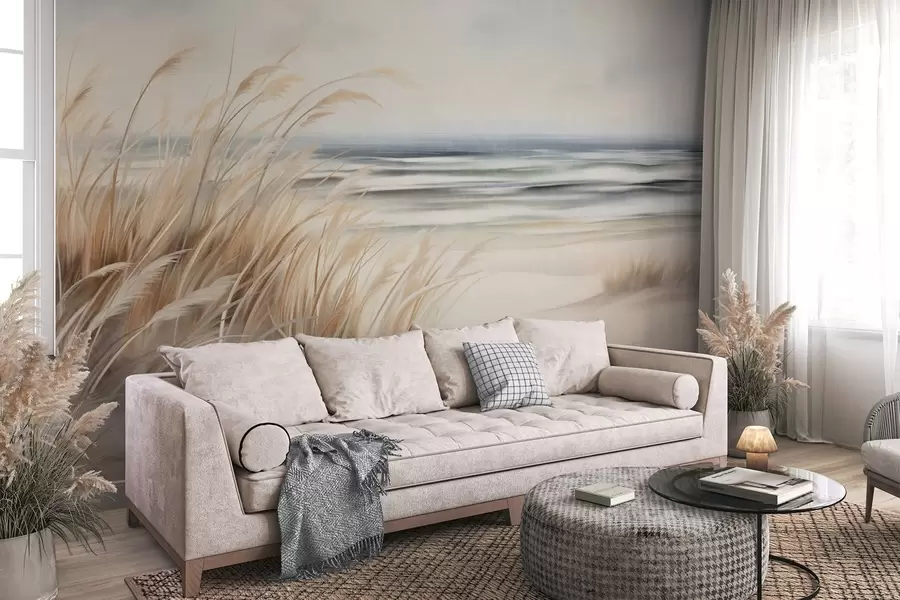 murales de pared Paisaje con textura, con hierba seca en una playa de arena, con el océano y el cielo al fondo. w09739