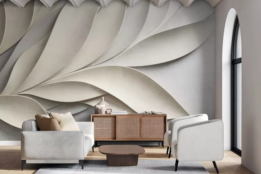 murales de pared Hojas abstractas en beige y gris, arte moderno con textura. w09769