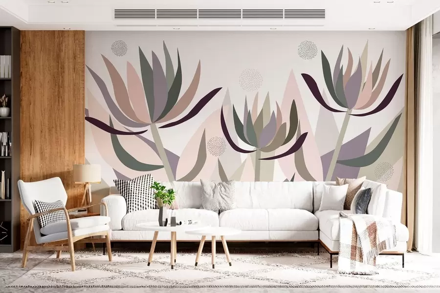 murales de pared flores de protea estilizadas en estilo primitivo w05236