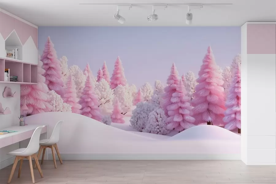 murales de pared Bosque invernal nevado en tonos rosados w09654
