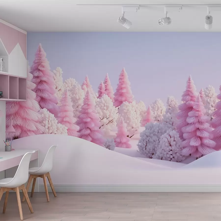 murales de pared Bosque invernal nevado en tonos rosados w09654
