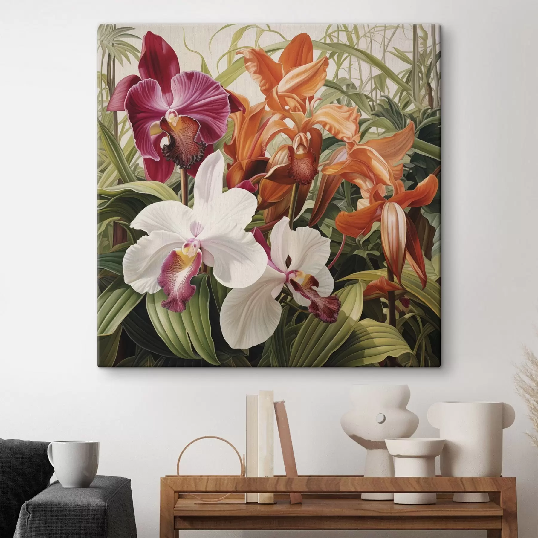 murales de pared Ramo de flores tropicales, con orquídeas y follaje verde al fondo s48386