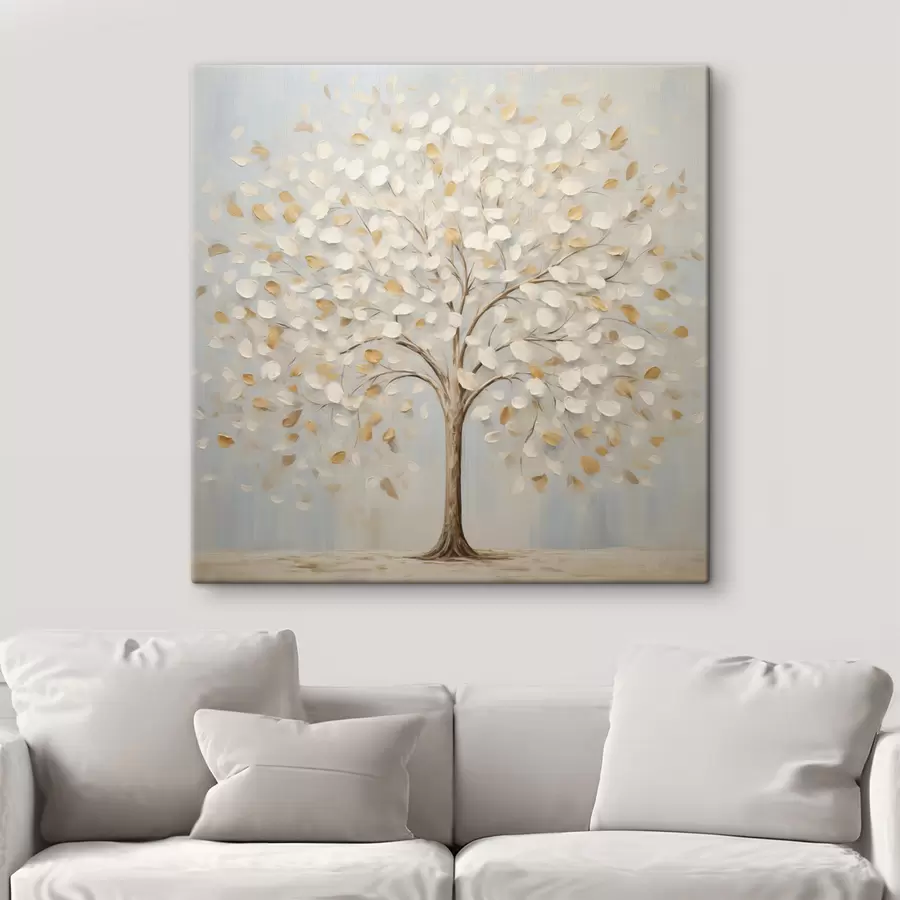murales de pared Una pintura con textura que representa un árbol con hojas blancas y amarillas sobre un fondo azul claro s48391