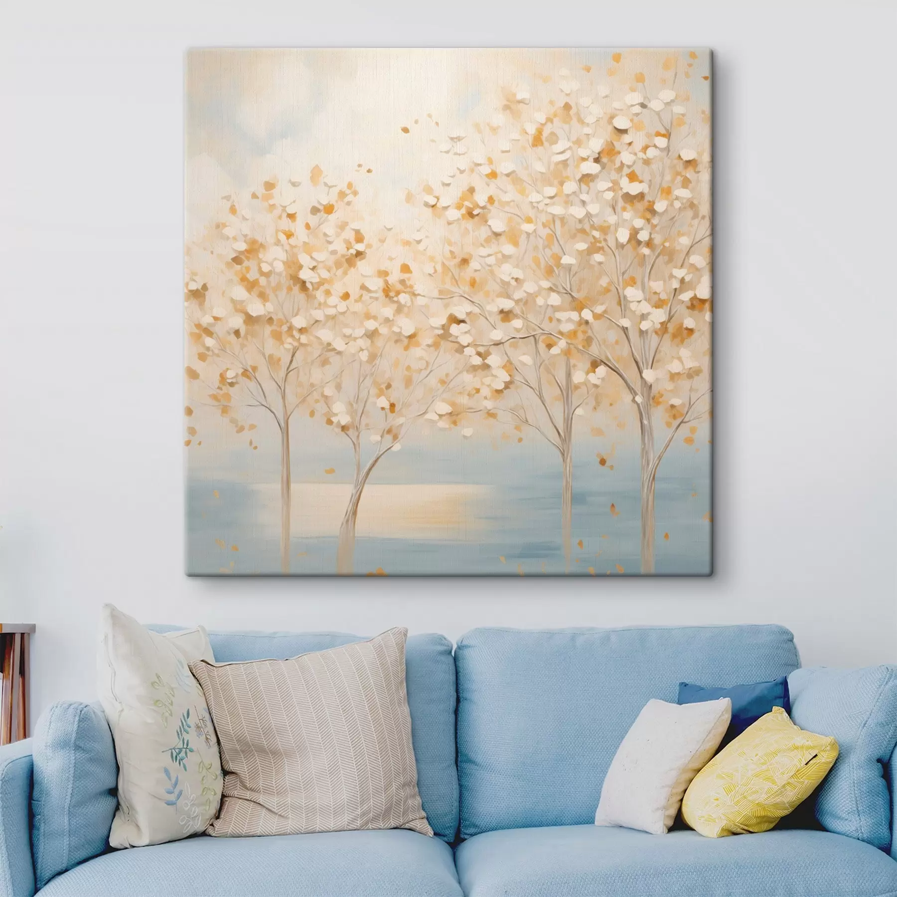 murales de pared Una pintura con textura que representa árboles con hojas blancas y amarillas sobre un fondo azul claro s48392