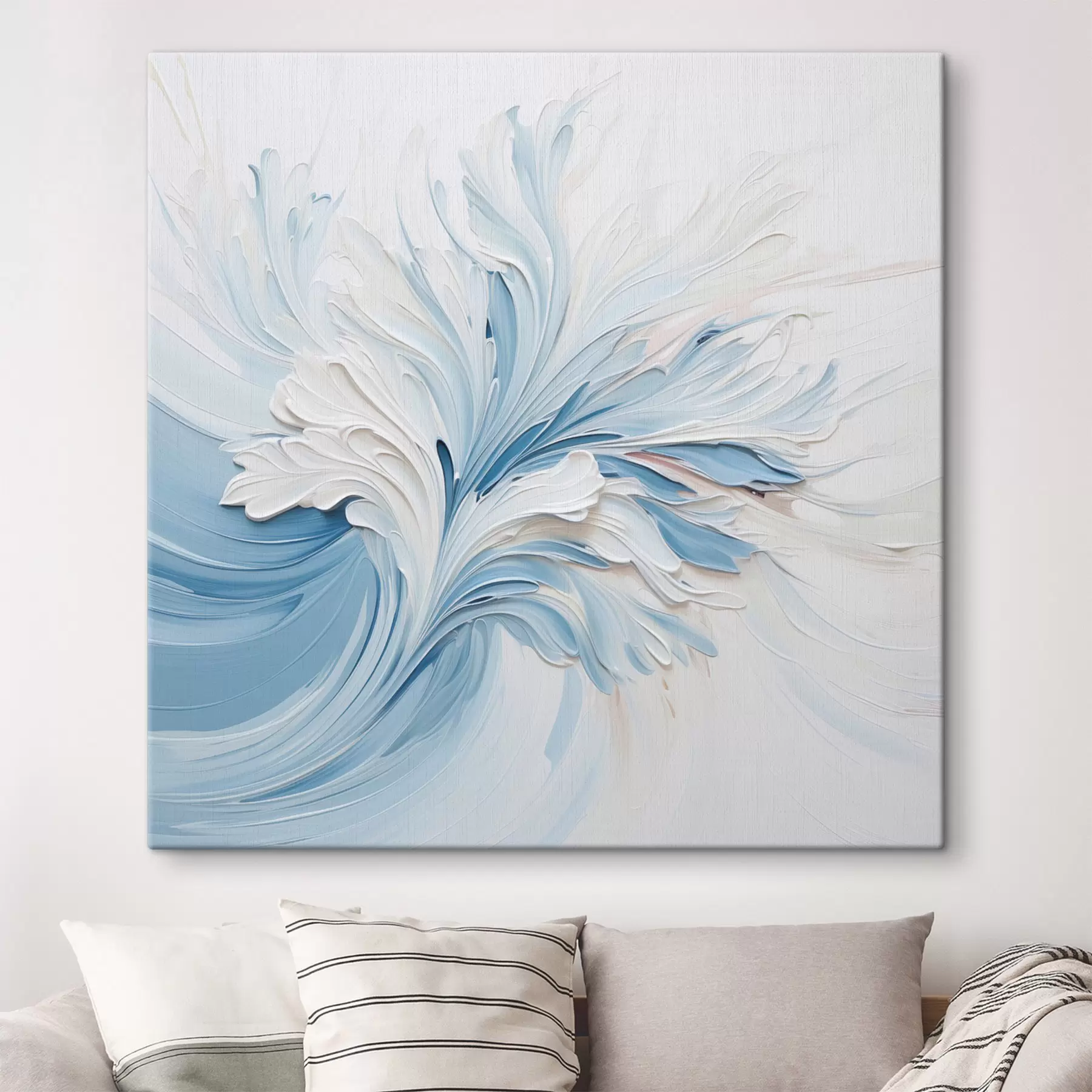 murales de pared Un diseño floral abstracto en blanco y azul claro, con pétalos texturizados y líneas onduladas s48395