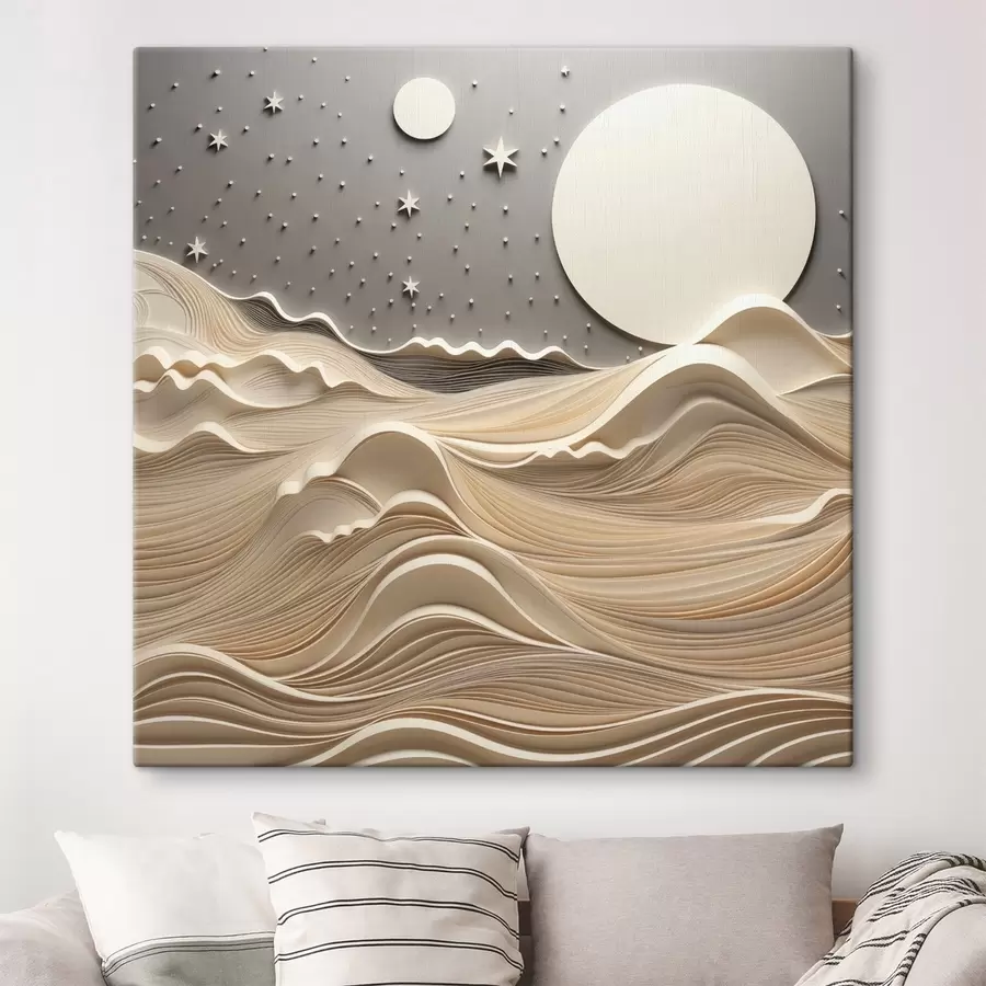 murales de pared Un paisaje minimalista y estilizado con colinas onduladas y una gran luna en un cielo estrellado; arte abstracto s48401