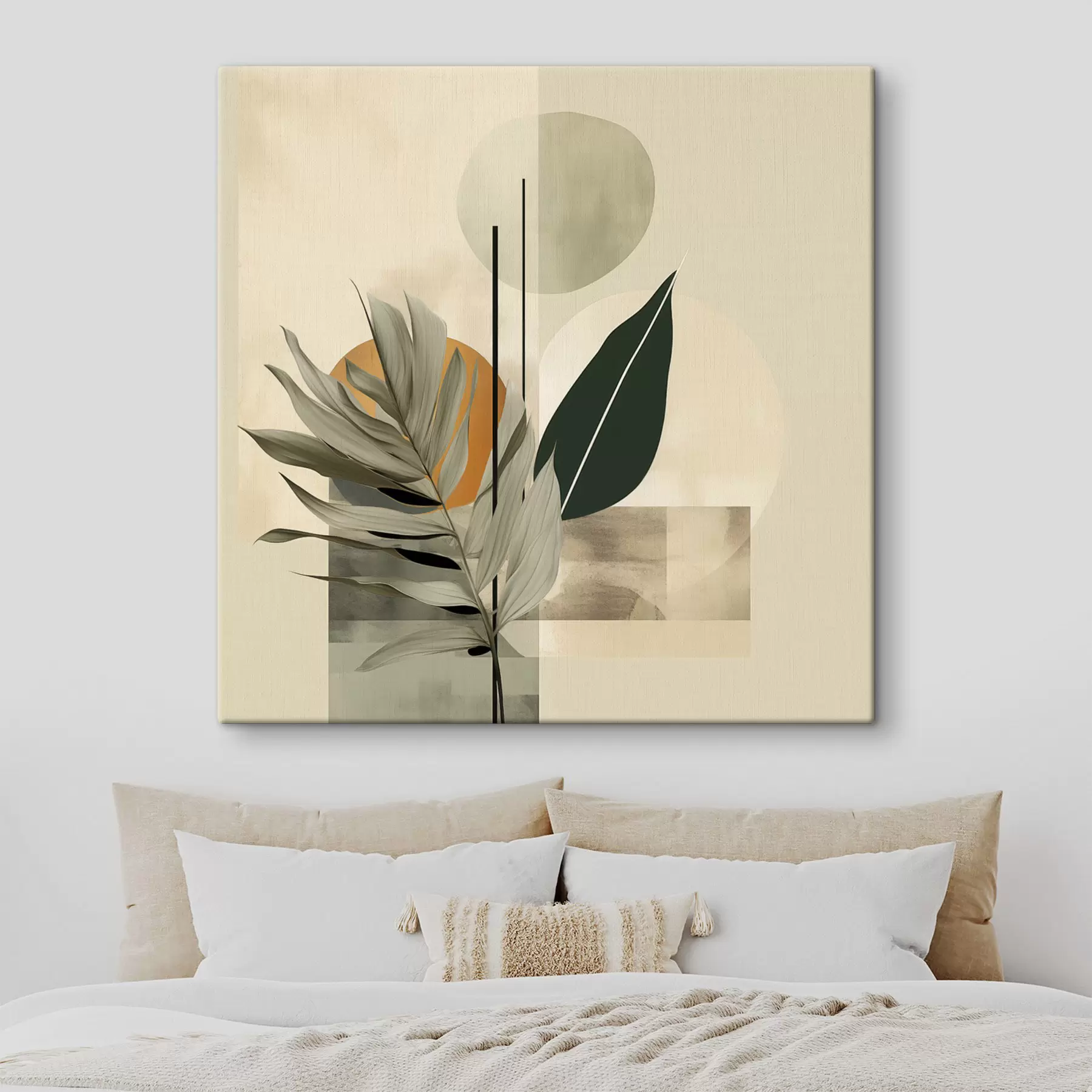 murales de pared Una planta de color verde oscuro con formas geométricas abstractas y texturas de acuarela en tonos beige y verde s48410