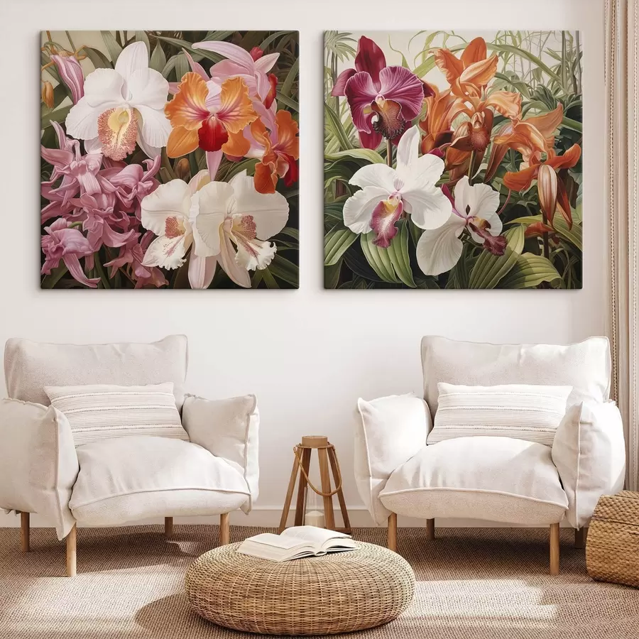 murales de pared Ramo de flores tropicales, con orquídeas y follaje verde al fondo m30197