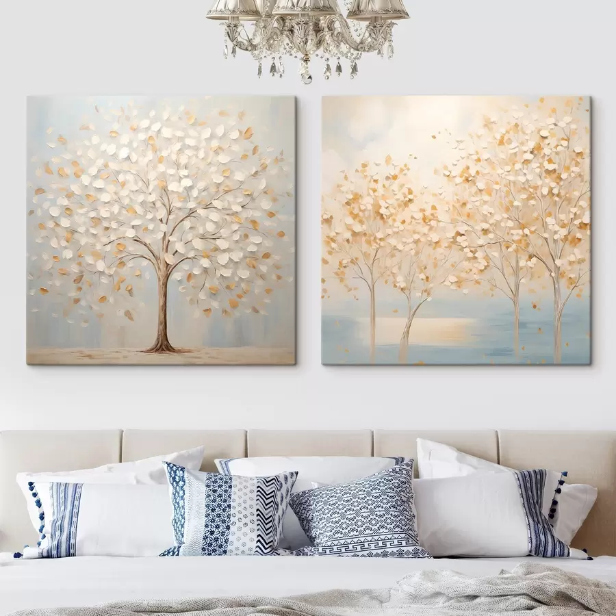 murales de pared Una pintura con textura que representa árboles con hojas blancas y amarillas sobre un fondo azul claro m30200