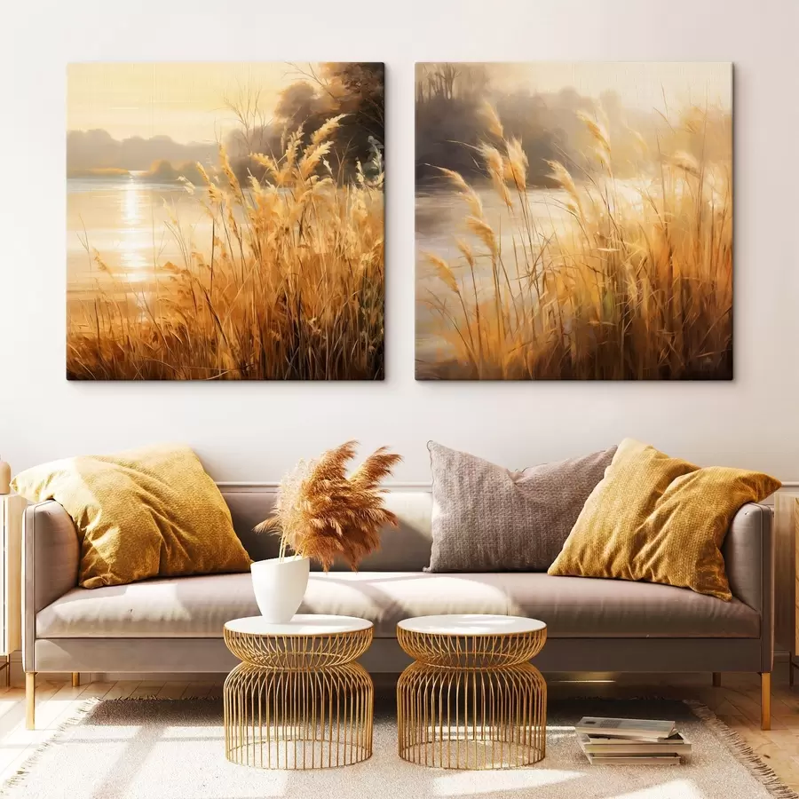 murales de pared Hierba alta y seca con espiguillas en primer plano, con un lago y árboles al fondo m30201