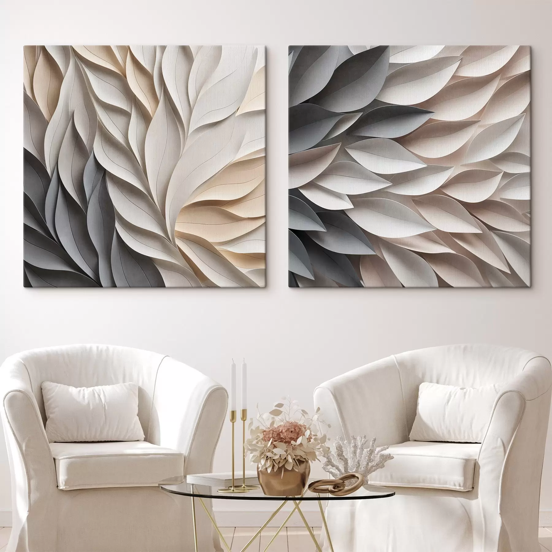 murales de pared Un diseño abstracto de hojas superpuestas con textura en tonos neutros de beige, crema y gris m30208