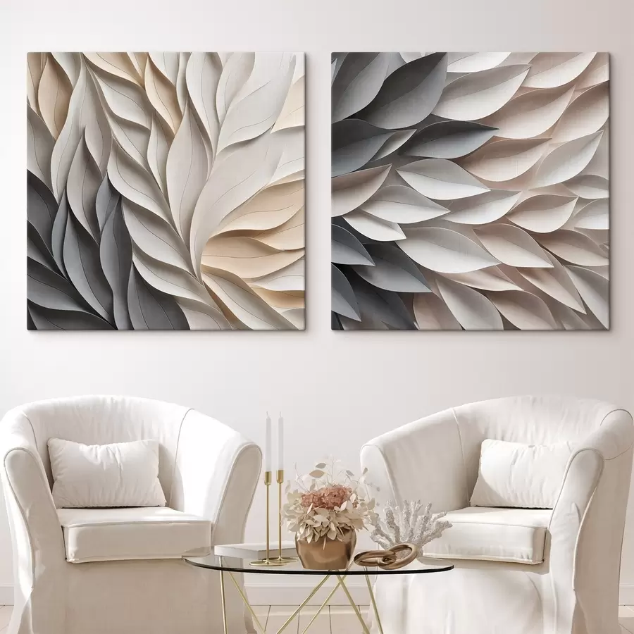 murales de pared Un diseño abstracto de hojas superpuestas con textura en tonos neutros de beige, crema y gris m30208