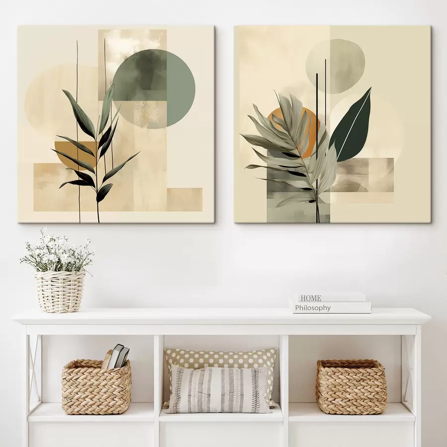 murales de pared Una planta de color verde oscuro con formas geométricas abstractas y texturas de acuarela en tonos beige y verde m30209