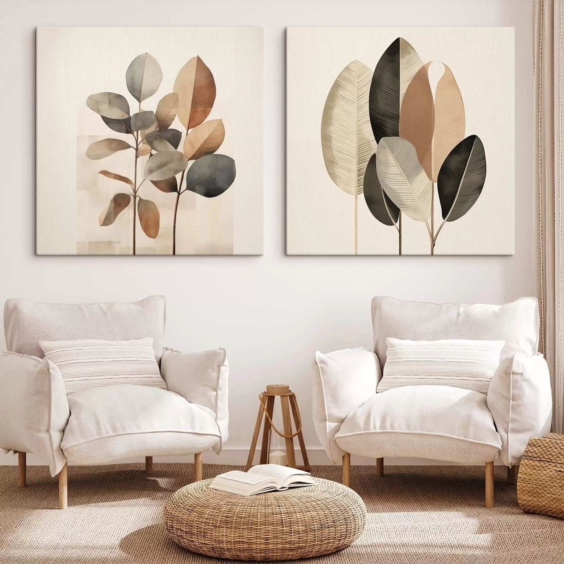 murales de pared Plantas altas con hojas ovaladas en tonos apagados y formas rectangulares abstractas m30211