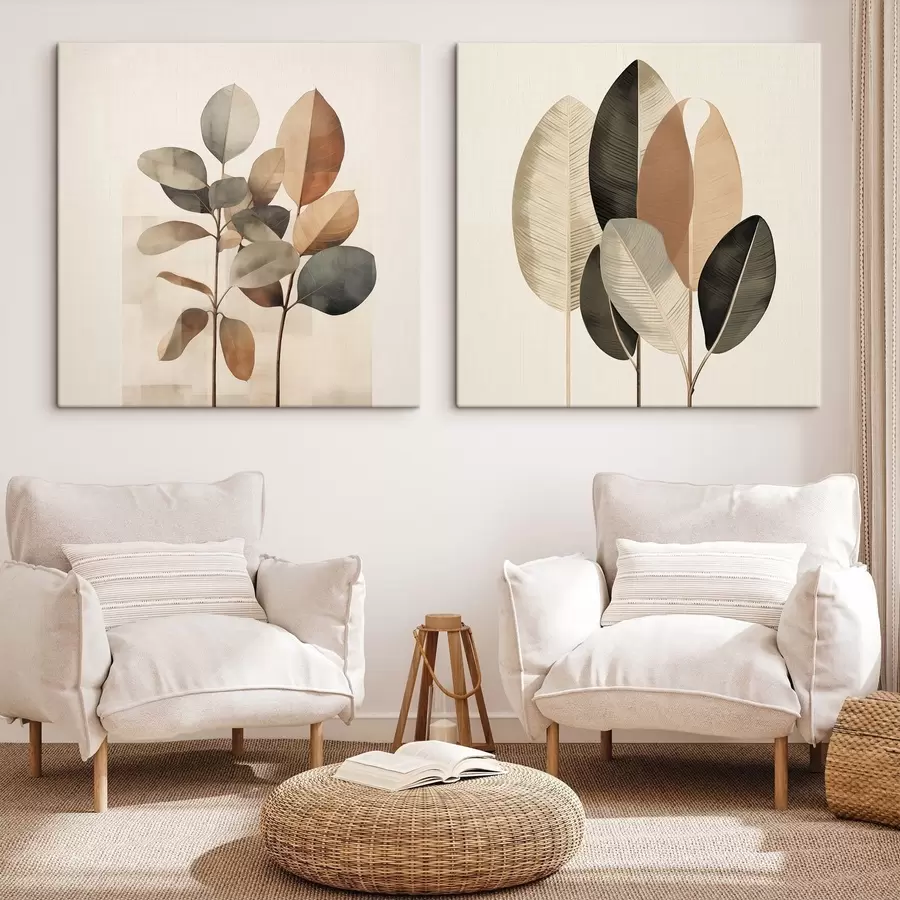 murales de pared Plantas altas con hojas ovaladas en tonos apagados y formas rectangulares abstractas m30211