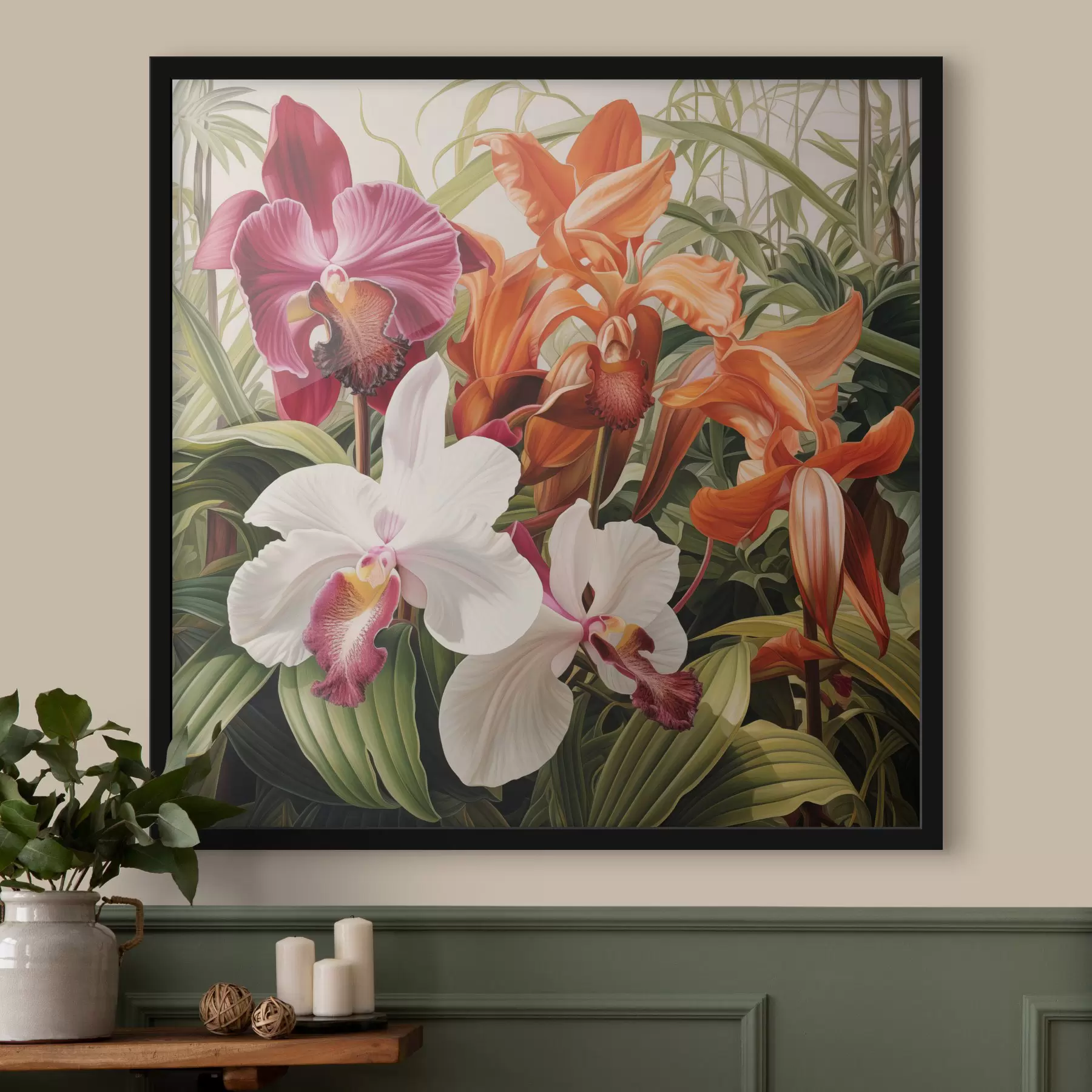 murales de pared Ramo de flores tropicales, con orquídeas y follaje verde al fondo f48386