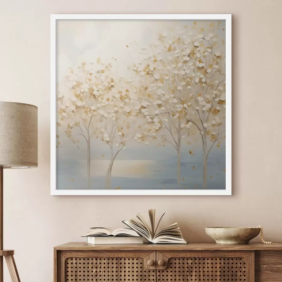 murales de pared Una pintura con textura que representa árboles con hojas blancas y amarillas sobre un fondo azul claro f48392