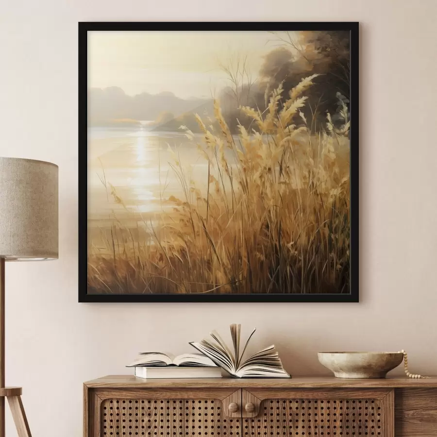 murales de pared Hierba alta y seca con espiguillas en primer plano, con un lago y árboles al fondo f48393