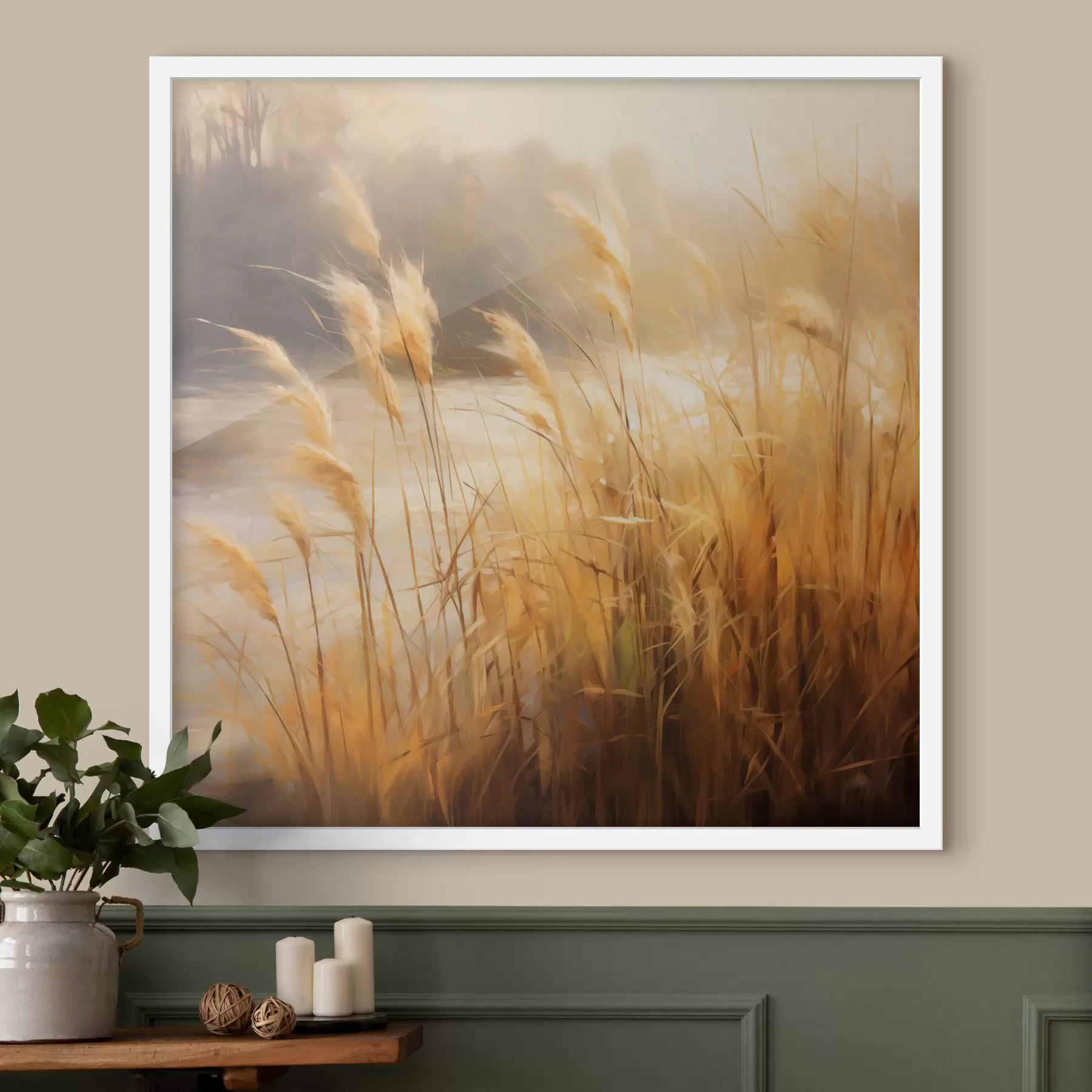 murales de pared Hierba alta y seca con espiguillas en primer plano, con un lago y árboles al fondo f48394