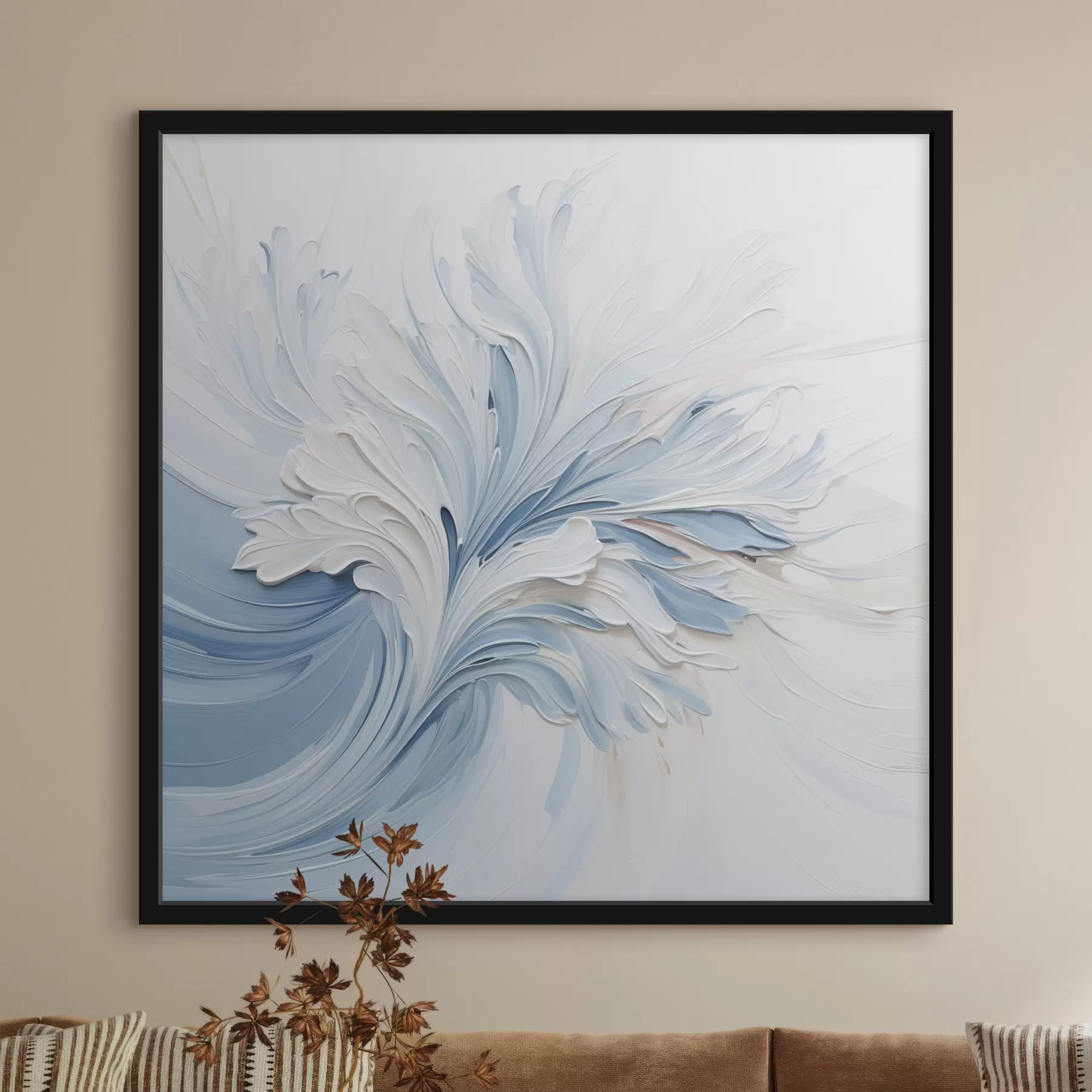 murales de pared Un diseño floral abstracto en blanco y azul claro, con pétalos texturizados y líneas onduladas f48395