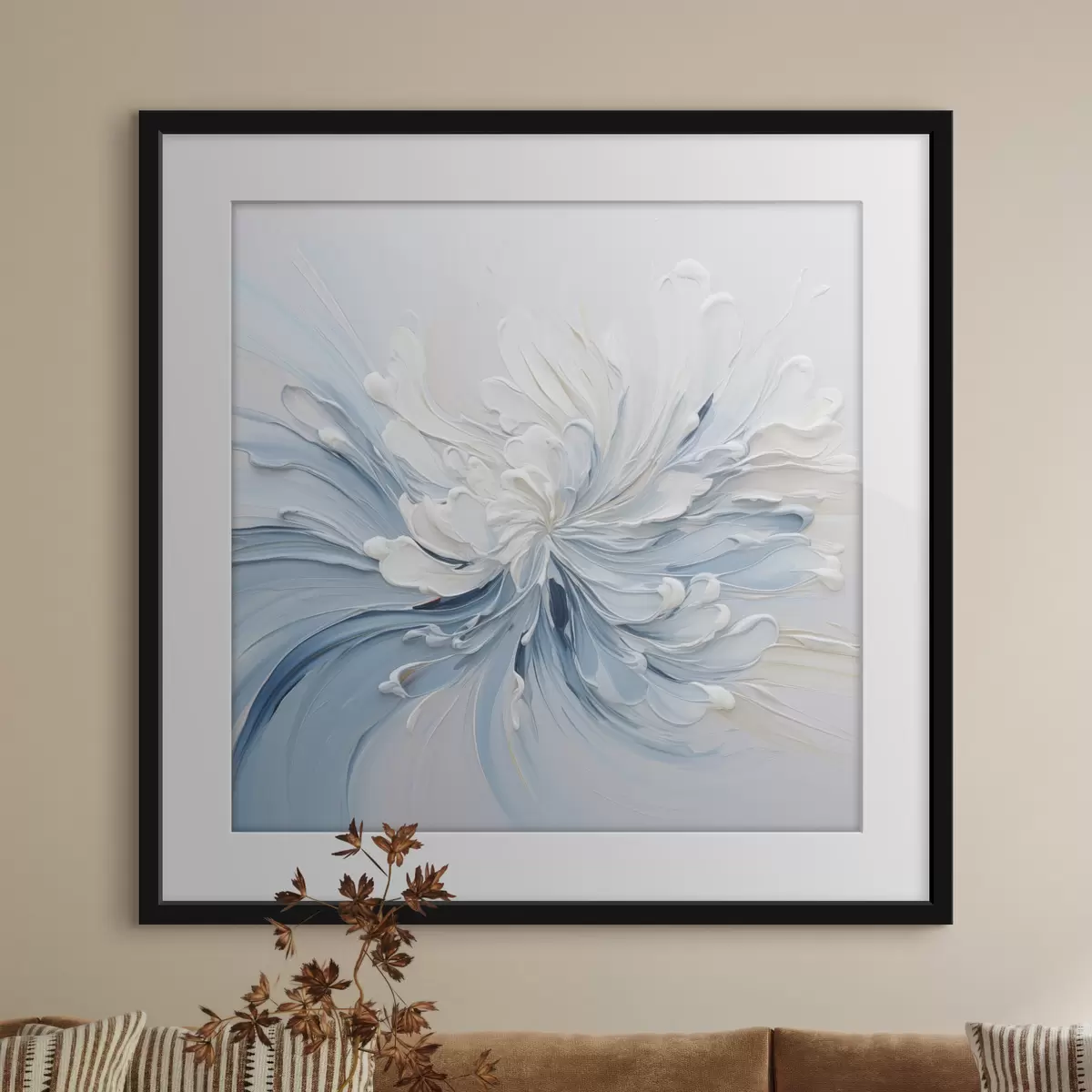Poster Un diseño floral abstracto en blanco y azul claro, con pétalos texturizados y líneas onduladas f48396