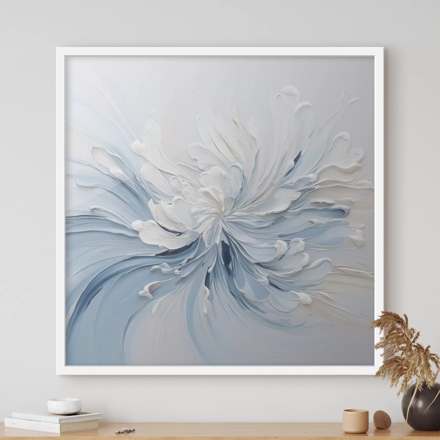 murales de pared Un diseño floral abstracto en blanco y azul claro, con pétalos texturizados y líneas onduladas f48396