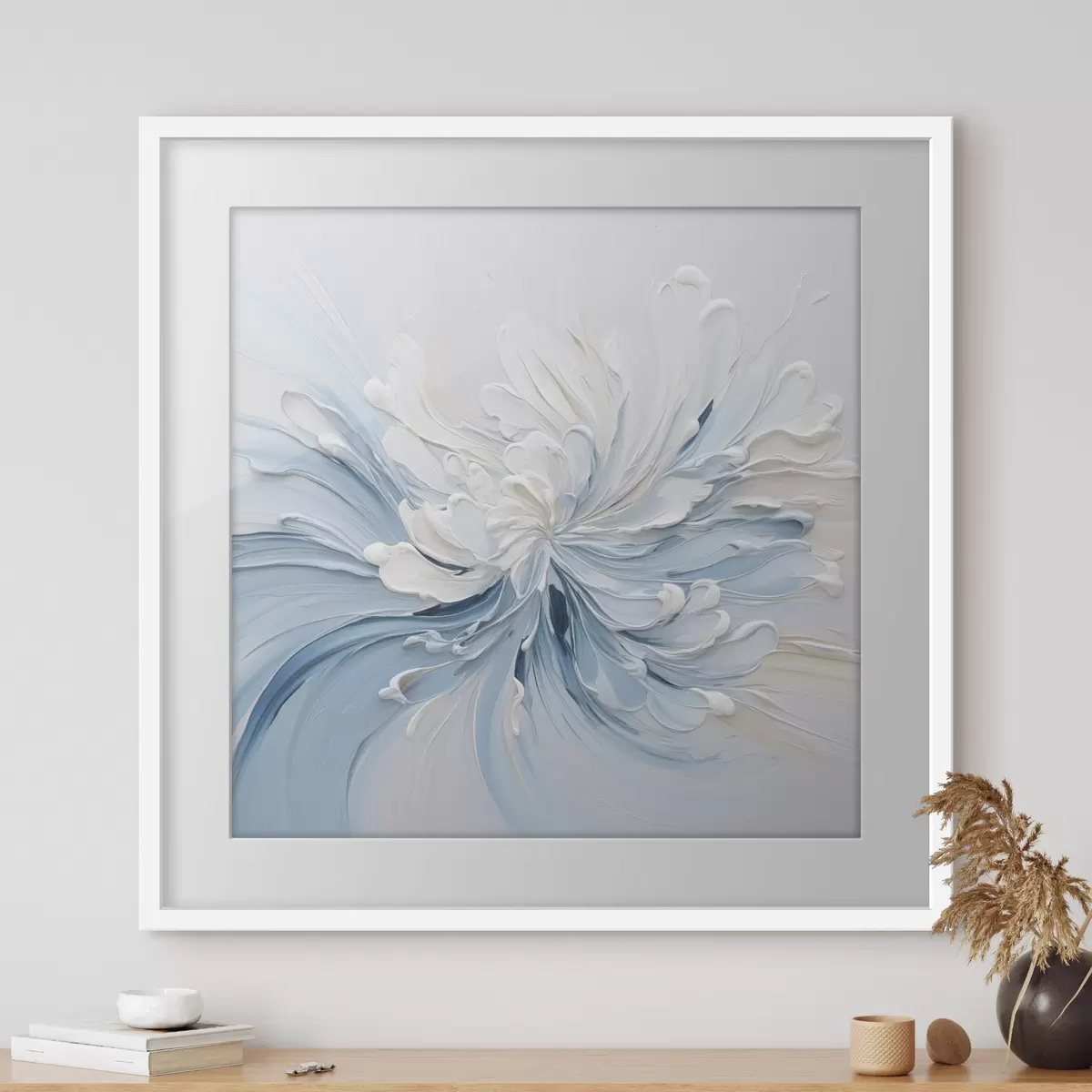 Poster Un diseño floral abstracto en blanco y azul claro, con pétalos texturizados y líneas onduladas f48396