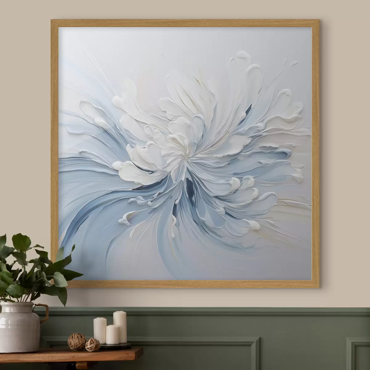 Poster Un diseño floral abstracto en blanco y azul claro, con pétalos texturizados y líneas onduladas f48396