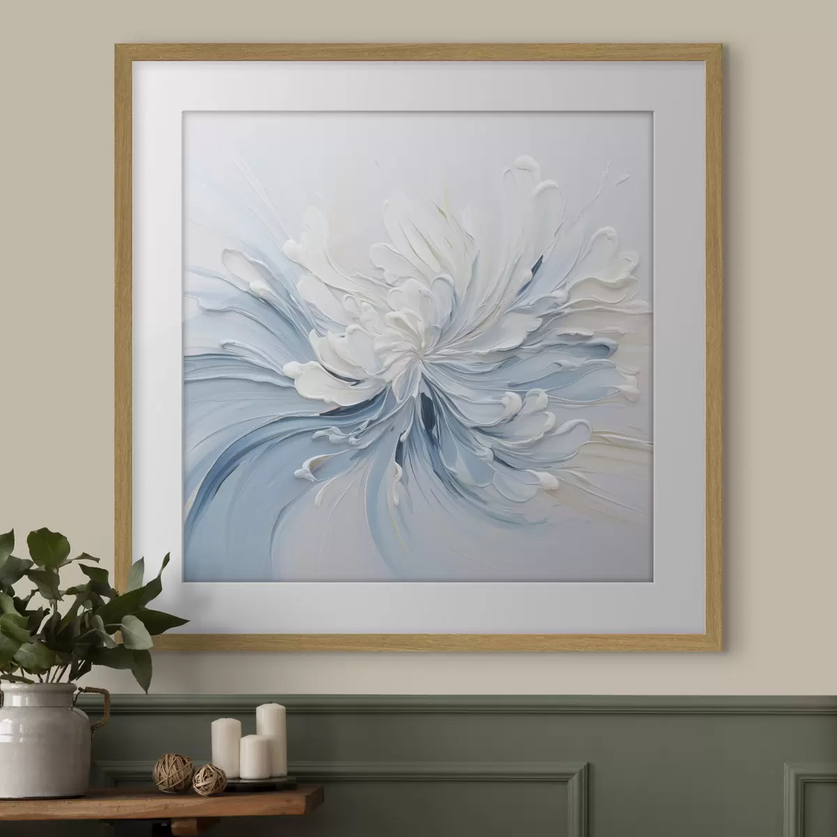Poster Un diseño floral abstracto en blanco y azul claro, con pétalos texturizados y líneas onduladas f48396