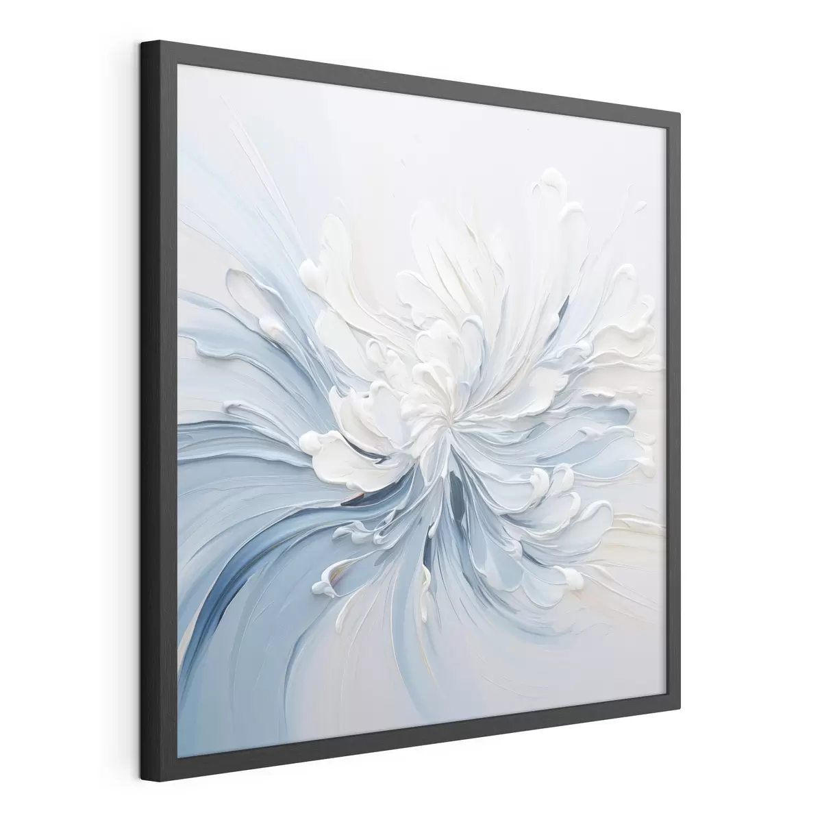 Poster Un diseño floral abstracto en blanco y azul claro, con pétalos texturizados y líneas onduladas f48396